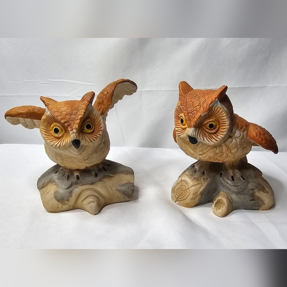 Vintage Set Of Owls On Log Ceramic Figurines - Picture 10 of 13